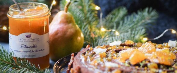 Gâteau au chocolat et confiture aux poires et caramel de clémentine