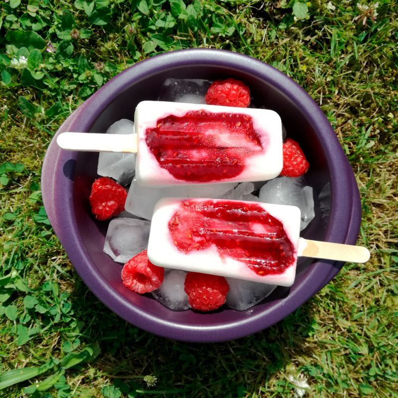 Glaces popsicles à base de yaourt et confiture de frambroise